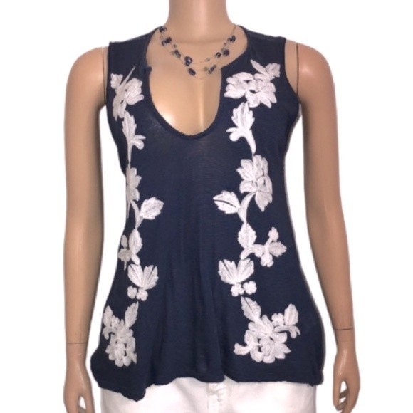Lucky Brand Top Sleeveless linen Blend blue & white Floral Embroidered size XS - Picture 1 of 11